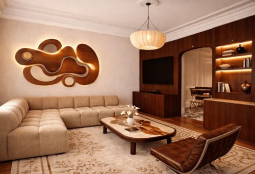 Salon luxueux de villa à DeauvHills avec canapé sectionnel beige, mur en bois et luminaires suspendus modernes à Deauville