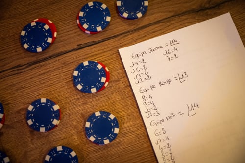 Poker chips and game scorecard on wooden table at Hôtel Restaurant Le S'Y in Seingbouse