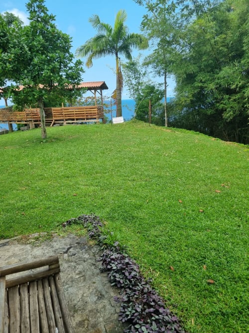 Gramado verdejante com deck de madeira e palmeira com vista para o mar nas Equador Houses, São Tomé