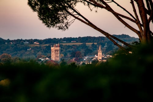 Château Haute Roche overlooks Oudon with medieval towers framed by tree branches at sunset