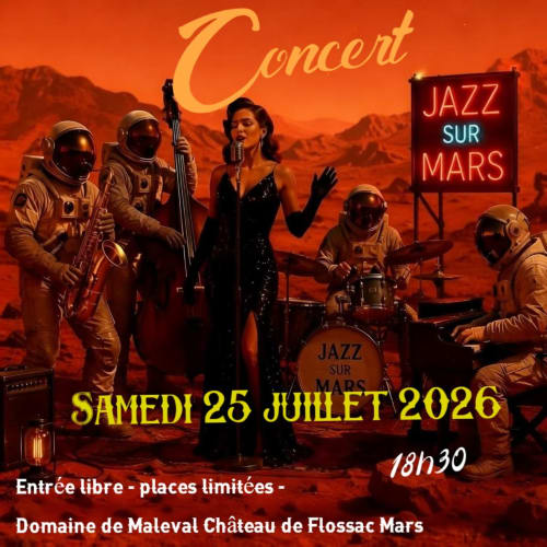 Concert Jazz sur Mars au Domaine de Maleval, 25 juillet 2026 avec astronautes et chanteuse sur paysage martien rouge