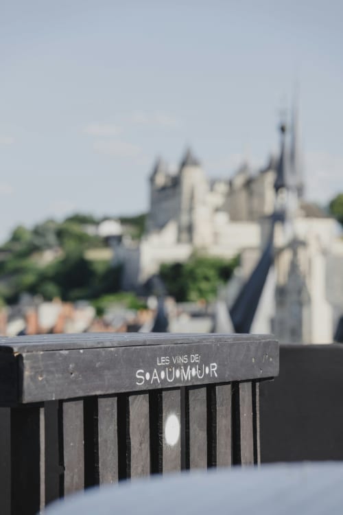 Saumur wine label with Château Haute Roche overlooking the Loire Valley in Oudon, France