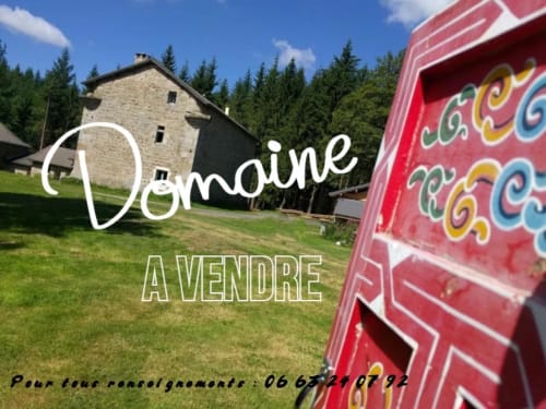 Domaine De Maleval, gîte en pierre à Mars, France - Chalet avec cheval de manège rouge et forêt de conifères