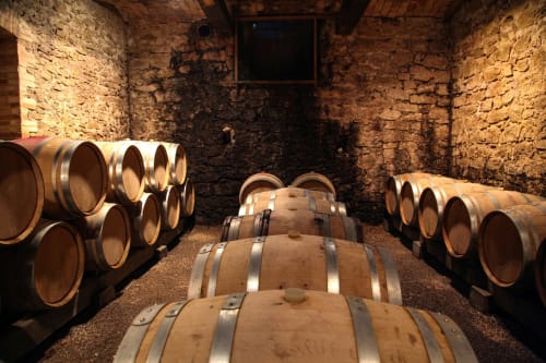 Wine barrel cellar at Chateau Haute Roche with wooden casks lined in stone-walled room, Oudon France