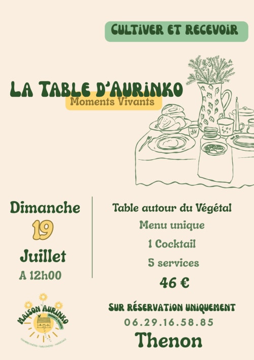 Affiche de l'événement de restauration végétarienne La Table d'Aurinko, Thénon, 19 juillet 2025