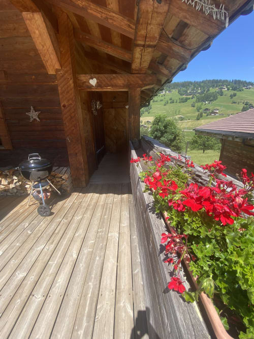 Terrasse alpine à La Ferme des Georgières avec fleurs rouges, terrasse en bois, barbecue et vue sur la vallée de montagne