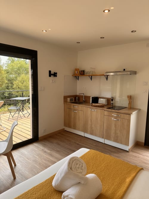 Kitchenette moderne avec meubles bois, plaque de cuisson noire et accès à la terrasse au Gîte l'Harmonie du Causse