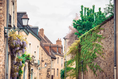 Charmante rue pavée au Mans avec bâtisses en pierre lierre et fleurs de glycine, lieu de L'escapade hôtel
