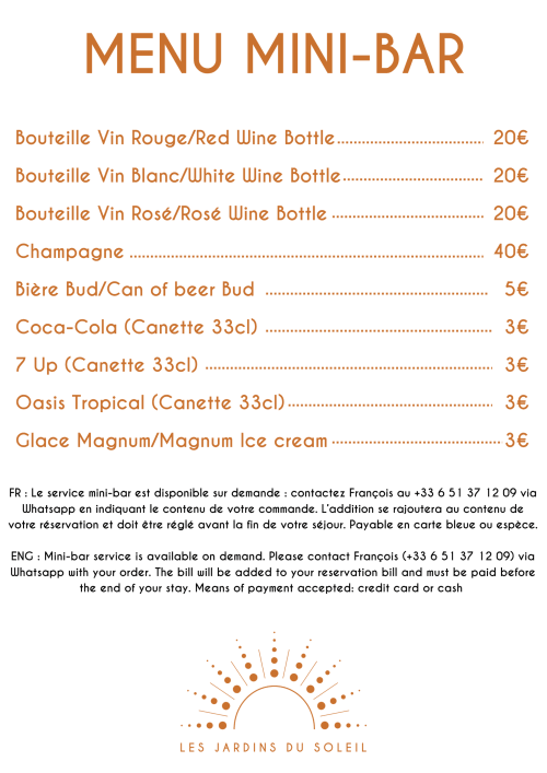 Menu Mini-Bar at Les Jardins Du Soleil, Avignon - wine bottles, champagne, beer, soft drinks and ice cream prices