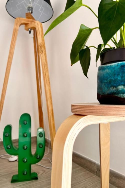 Arredamento moderno di camera d'hotel con lampada treppiede in legno, scultura di cactus verde, pianta in vaso e mobili in legno a Costabella