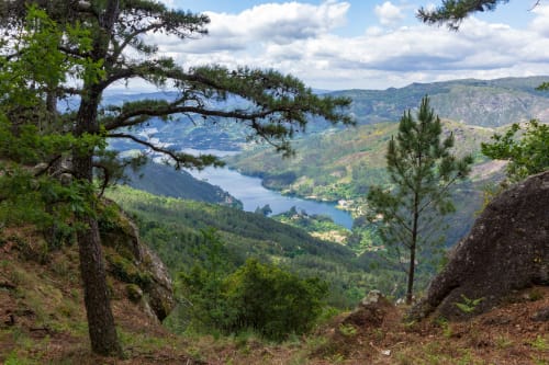 Vista de vale montanhoso com pinheiros emoldurados, lago azul, encostas verdes e picos distantes perto do retiro rural Villas Eden