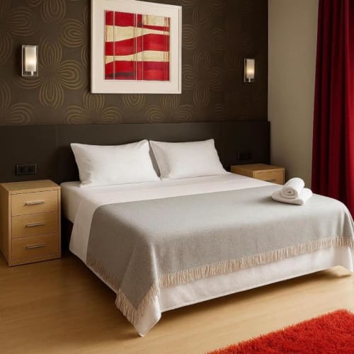 Habitación Queen Suite del Hotel Villa de Cacabelos con pared de acento oscuro, mesitas de noche de madera, ropa de cama blanca y decoración roja