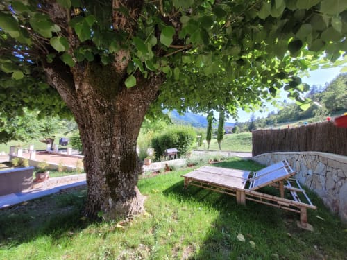 Jardin ombragé au Domaine de la Méouge avec arbre séculaire, piscine bleue et vue sur les montagnes à Barret-sur-Méouge