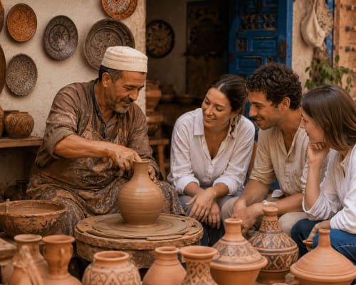 Atelier de poterie au Riad Miral dans la Médina de Marrakech où un artisan enseigne aux touristes la céramique traditionnelle