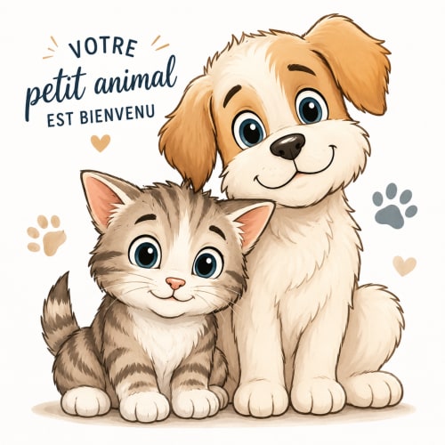 Un adorable chien et chat de dessin animé accueillent les visiteurs au 9 Victor Hugo, un appartement 4 étoiles à Aix-les-Bains