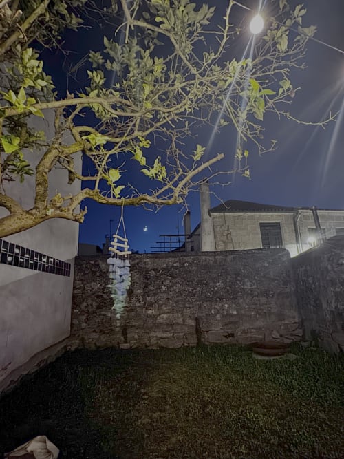 Night courtyard at Albergue Santiago de Caminha hostel in Caminha, Portugal, with illuminated gnarled tree and stone walls
