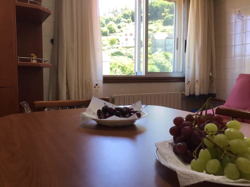 Comedor luminoso de la casa rural Houses by Pilar en Soutomaior con uvas y vistas a la montaña a través de amplios ventanales