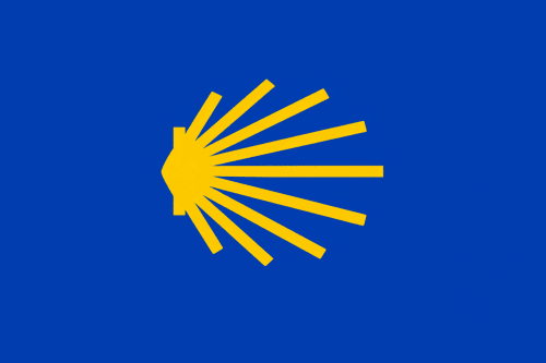 Icono de concha de vieira amarilla sobre fondo azul, símbolo del Camino de Santiago cerca de Turismo Rural O Vilar en A Coruña
