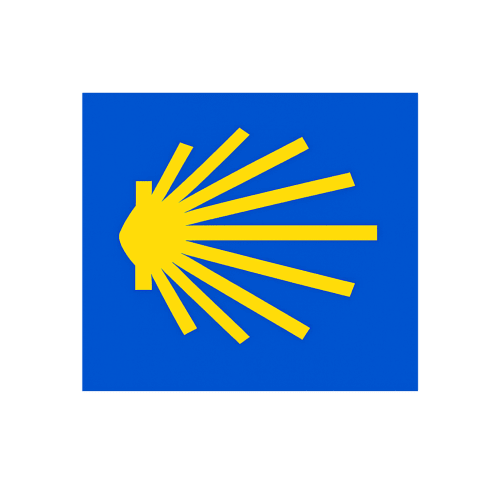 Símbolo de venera amarilla sobre fondo azul, emblema de la ruta de peregrinación del Camino de Santiago cerca del hotel rural O Vilar en