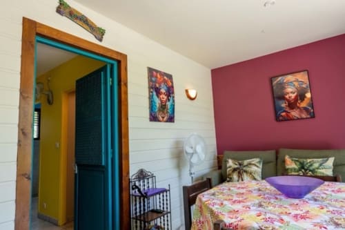 Colorful Guadeloupe cottage bedroom with pink accent wall, tropical bedding, wooden door frame, and modern amenities at Gîtes