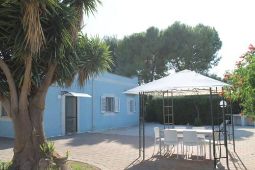 Edificio moderno blu con palma, zona pranzo con pergolato bianco e giardino della proprietà L.H.A. a Ferrara, Italia