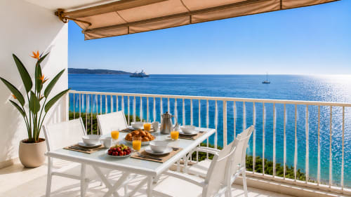 Balcon d'appartement en bord de mer à Cannes avec petit-déjeuner, vue sur la mer et eaux bleu méditerranéen
