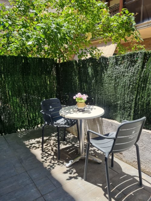 Patio sombreado del Hostal Porto Mar Salou con mesa redonda, sillas, flores rosas y paredes verdes cubiertas de hiedra