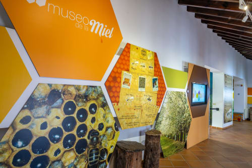 Museo de la Miel interactive exhibit with honeycomb displays and wooden bee sculptures in Colmenar hotel