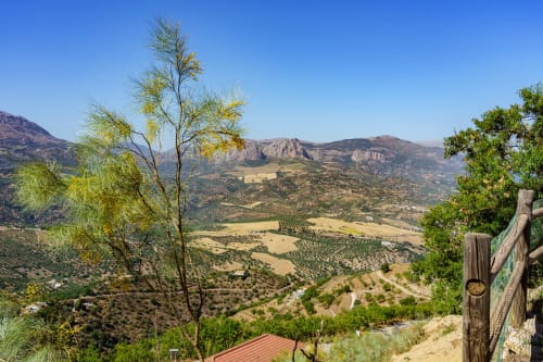 Vue panoramique depuis le balcon de l'Hôtel Balcón De Los Montés sur la vallée de Colmenar avec ses oliveraies et montagnes