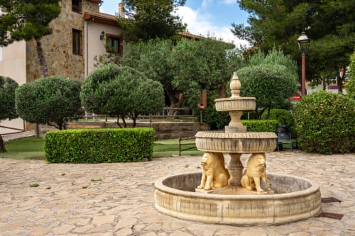 Fontaine de cour avec sculptures de lions à l'Hôtel Balcón De Los Montés à Colmenar, entourée d'oliviers
