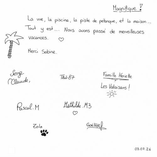 Note de remerciement manuscrite d'hôtes félicitant Bleu Mer Riviera pour sa vue, sa piscine et son hospitalité aux Issambres