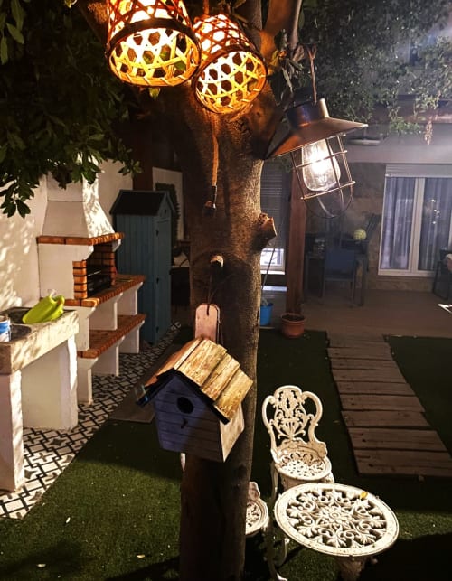 Patio nocturno en La Vereda del Río Guadalquivir en Villacarrillo con árbol iluminado, luces decorativas y pajarera