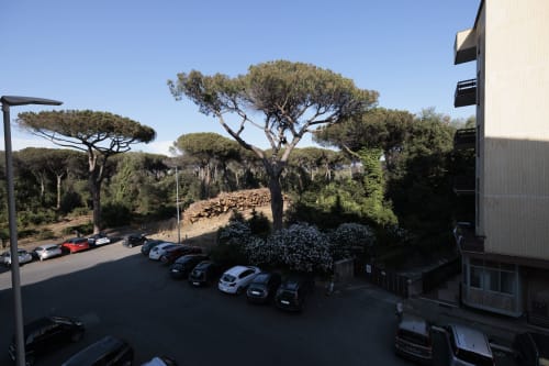 Balcone dell'appartamento ViOletta con vista sul parcheggio e i pini mediterranei di Lido di Ostia