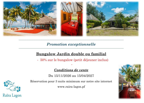 Bungalows Raira Lagon à Avatoru: bungalows en bord de lagon avec toits de chaume, chambre intérieure rouge et vue sur le lagon