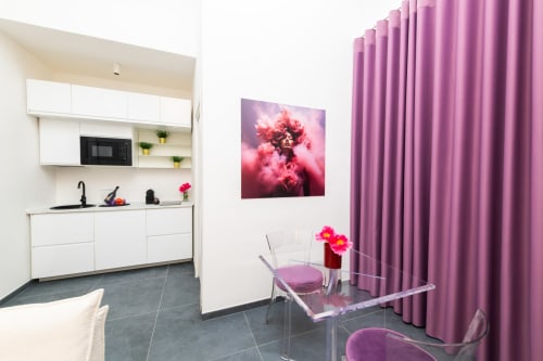 Appartamento Almatros Peonia a Sulmona con cucina moderna, zona pranzo, opere d'arte rosa e tendaggi viola