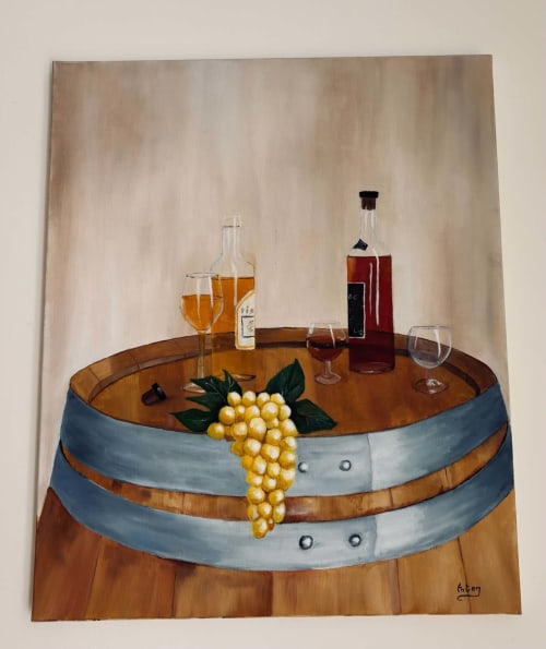 Table en tonneau de vin avec verres et bouteilles au Cadran Solaire, Courcelles
