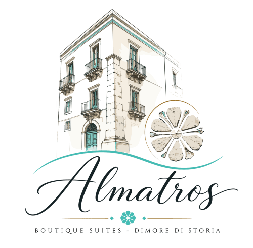 Logo di Almatros Boutique Suites con storico palazzo a Sulmona e dettagli floreali turchese