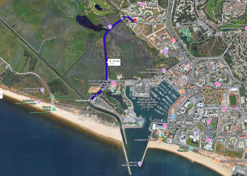 Map showing RB Algarve hotel location in Vilamoura, Portugal with 18-minute walking route to Largo beach