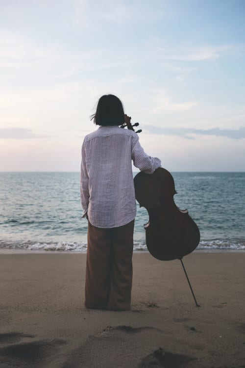 Musicien au violoncelle face à la mer sur une plage au coucher du soleil près de Saint-Paul-sur-Ubaye, France