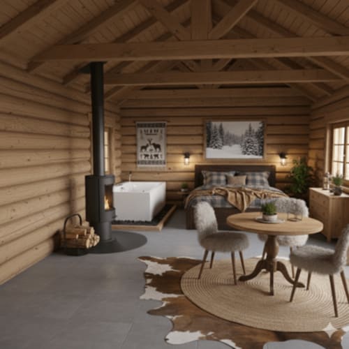 Chambre rustique en bois rond aux Murmures du Bois avec poêle, baignoire îlot et mobilier douillet.
