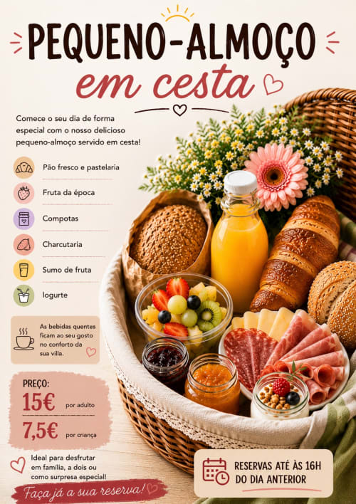 Pequeno-almoço em cesta: pão fresco, frutas, charcutaria e sumos. Villas Eden, Braga.
