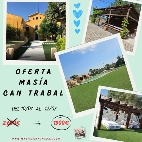 Masías Can Trabal en Olerdola: edificio amarillo, jardines, piscina y estructuras de madera desde €1900