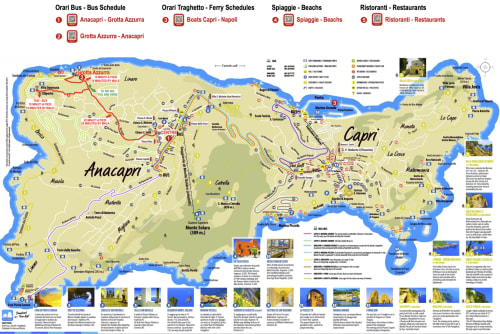 Capri island map showing Villa D'Alessandro in Anacapri with bus routes, ferry schedules, beaches and restaurants