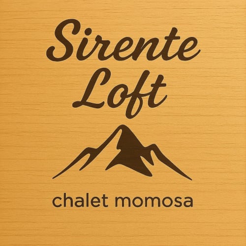 Insegna Sirente Loft dell'Antico Chalet Momosa, villa di montagna a Ovindoli con illustrazione stilizzata delle montagne