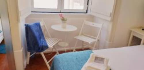 Quarto brilhante de apartamento em Lisboa com acentos azuis, mesa, cadeira e luz natural da janela