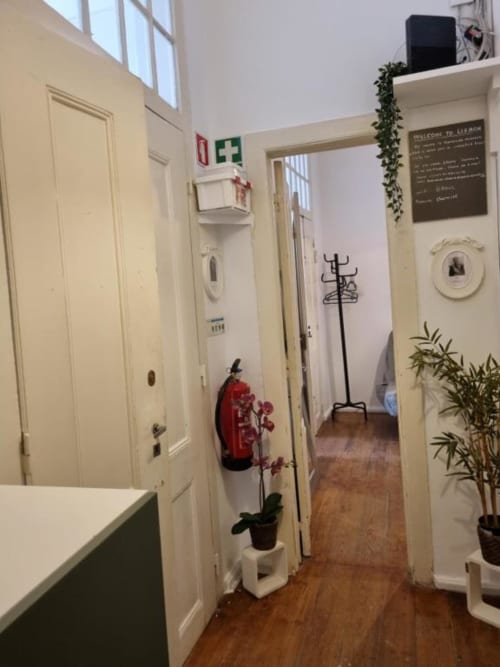 Modern hallway in Lisbon apartment with white doors, hardwood floors, plants, coat rack, and first aid kit signage