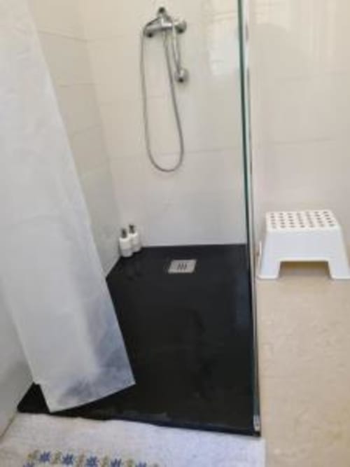 Modern shower enclosure with black base and glass partition in Lisbon apartment bathroom