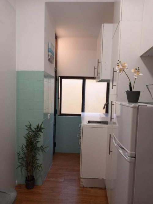 Modern kitchen in Lisbon apartment with mint tiles, white appliances, wooden floors, and plants