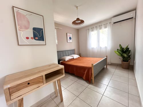 Chambre moderne aux Exotic Villas Martinique au Diamant avec lit, bureau en bois, plante en pot et climatisation