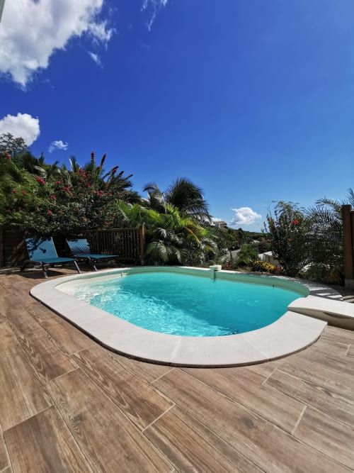 Piscine turquoise avec plage blanche à la villa Exotic Villas Martinique du Diamant, jardin tropical avec palmiers
